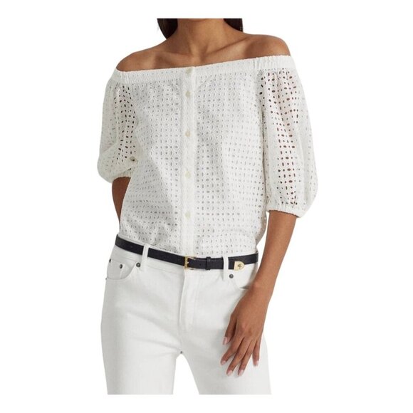 Lauren New with Tags Eyelet White Off Shoulder Blouse Ladies Size MED - Picture 1 of 11